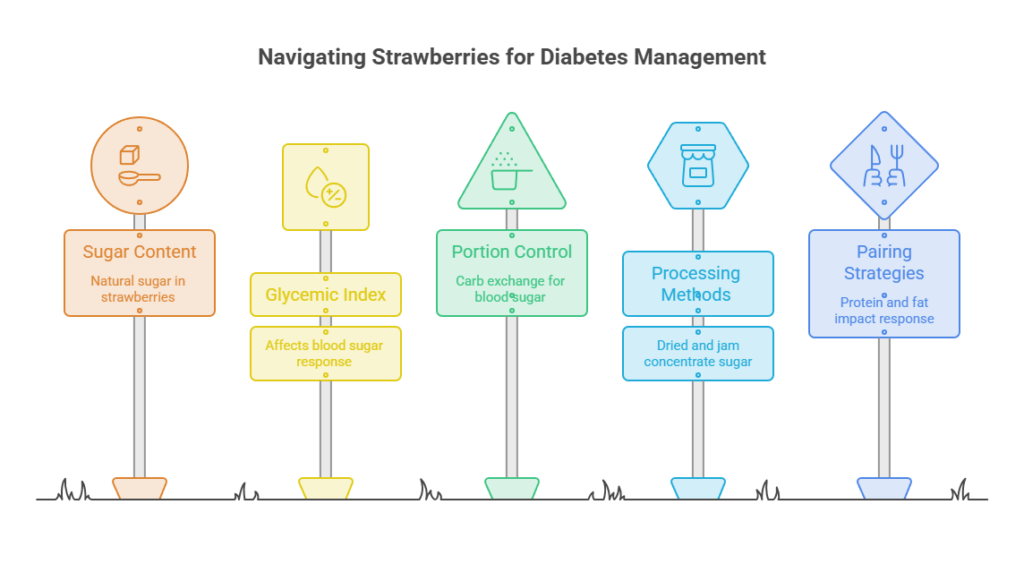 Infographic showing diabetes management tips for strawberries, including sugar content and pairing strategies.
