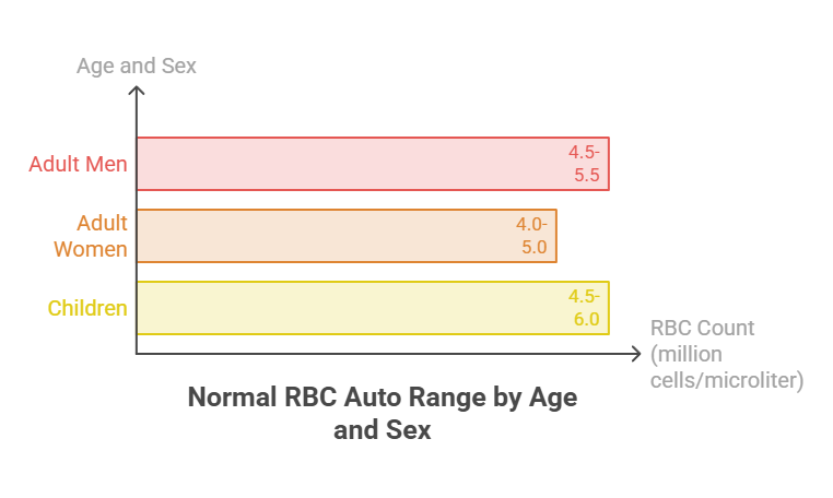 Bar graph showing normal RBC count ranges for adult men, adult women, and children by age and sex.