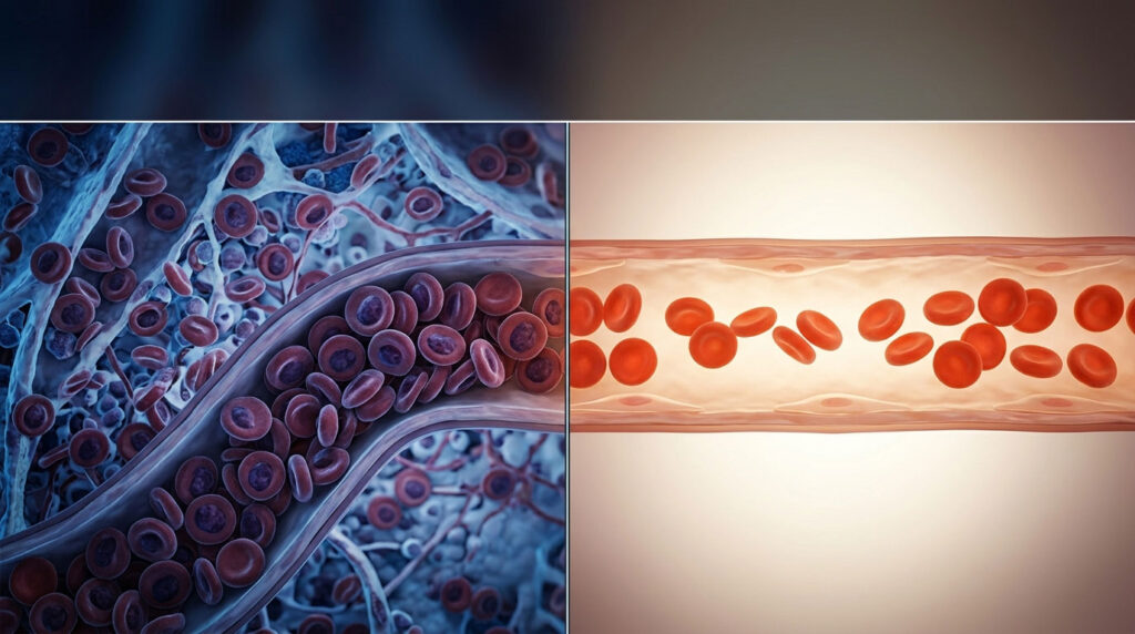 Close-up view of red blood cells in a blood vessel, showing detailed structure and movement.