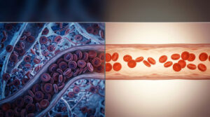 Close-up view of red blood cells in a blood vessel, showing detailed structure and movement.