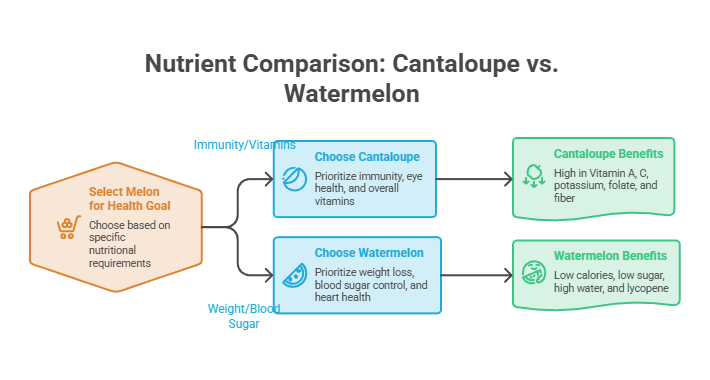 Nutrient comparison infographic showing cantaloupe vs. watermelon benefits and health goals related to immunity and weight.