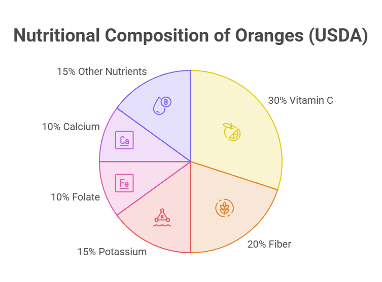 Pie chart showing nutritional composition of oranges with percentages for Vitamin C, Fiber, and other nutrients.