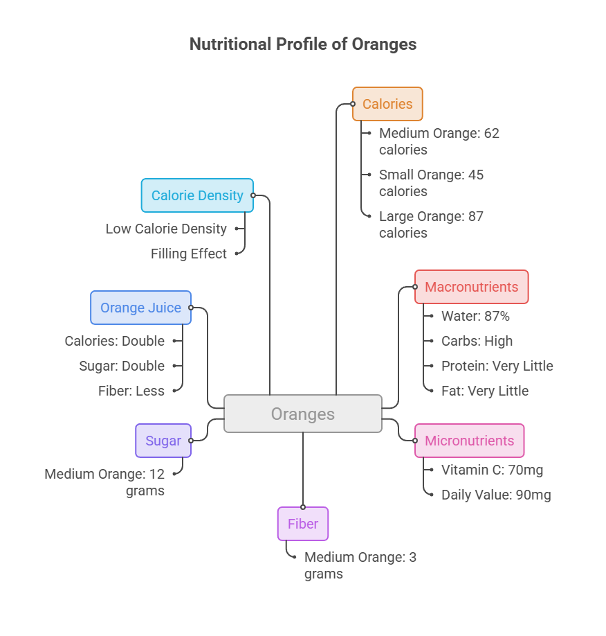 Nutritional profile of oranges showing calories, macronutrients, micronutrients, and comparisons with orange juice. Infographic.