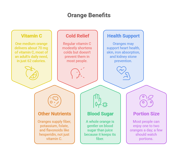 Infographic showing orange benefits: Vitamin C, Cold Relief, Health Support, Other Nutrients, Blood Sugar, Portion Size.