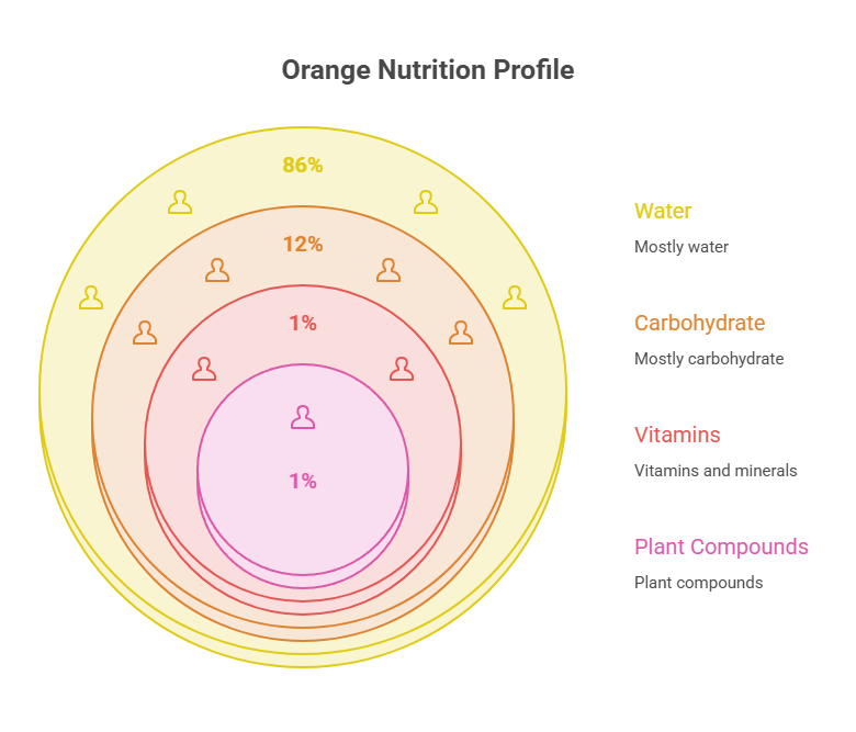 Orange nutrition profile infographic showing water, carbohydrate, vitamins, and plant compounds percentages.
