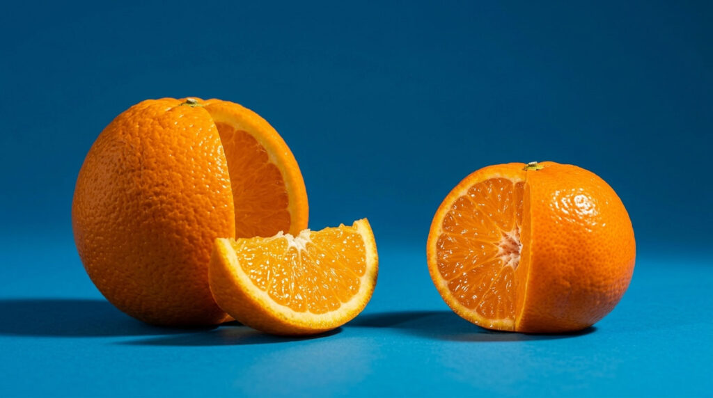A whole orange and a halved orange on a blue background, showcasing vibrant colors and textures.