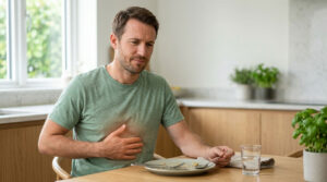 A man in a green shirt sits at a table, holding his stomach with a plate of food and a glass of water nearby.