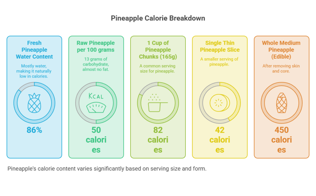 Infographic showing pineapple calorie breakdown with water content, raw pineapple, chunks, slice, and whole pineapple data.