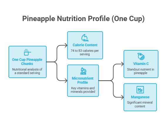 Infographic showing pineapple nutrition profile with calorie content, vitamin C, and manganese details.