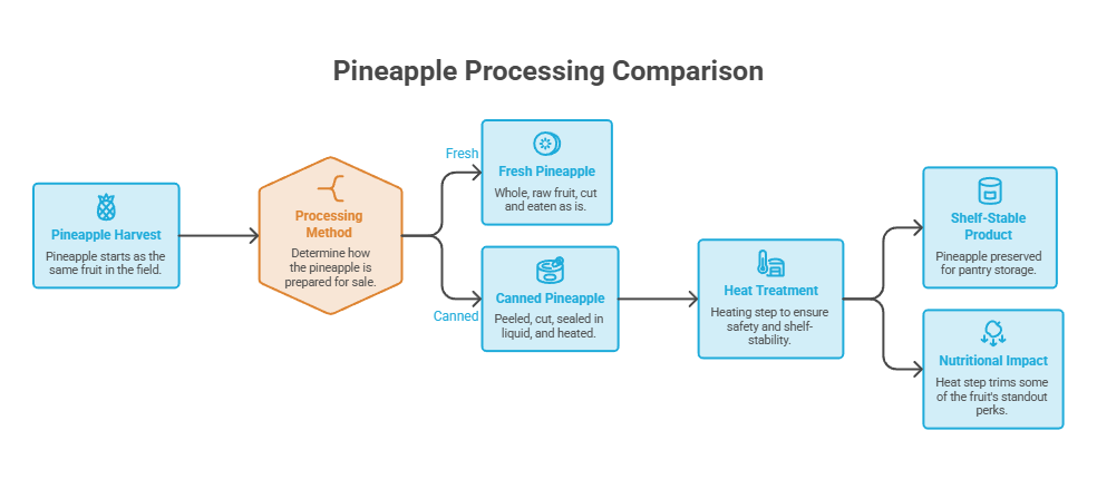 Infographic comparing pineapple processing methods, including fresh and canned options with nutritional impact.