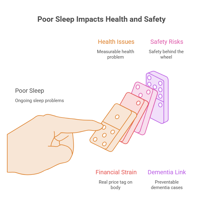 Hand pushes dominoes labeled with health issues, safety risks, financial strain, and dementia link due to poor sleep.