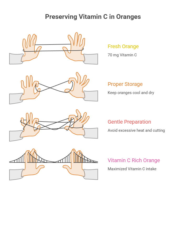 Infographic showing methods to preserve Vitamin C in oranges with illustrations and text labels for each method.