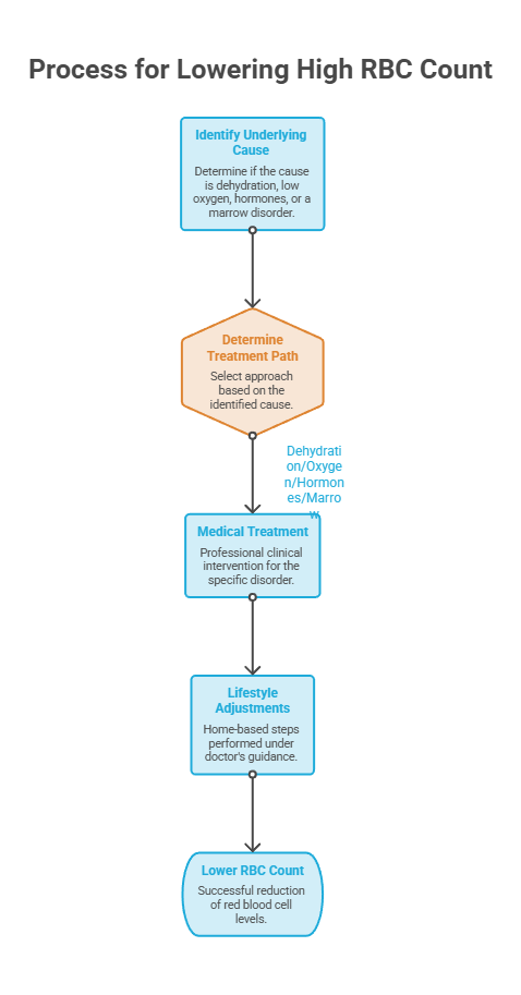 Flowchart detailing steps to lower high RBC count, including causes and treatment options.