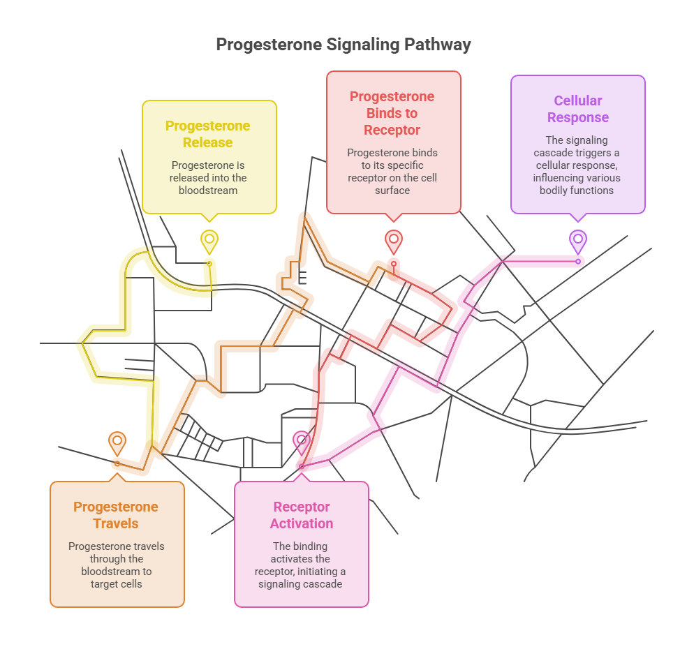 Infographic illustrating the progesterone signaling pathway with labeled steps and colorful icons.