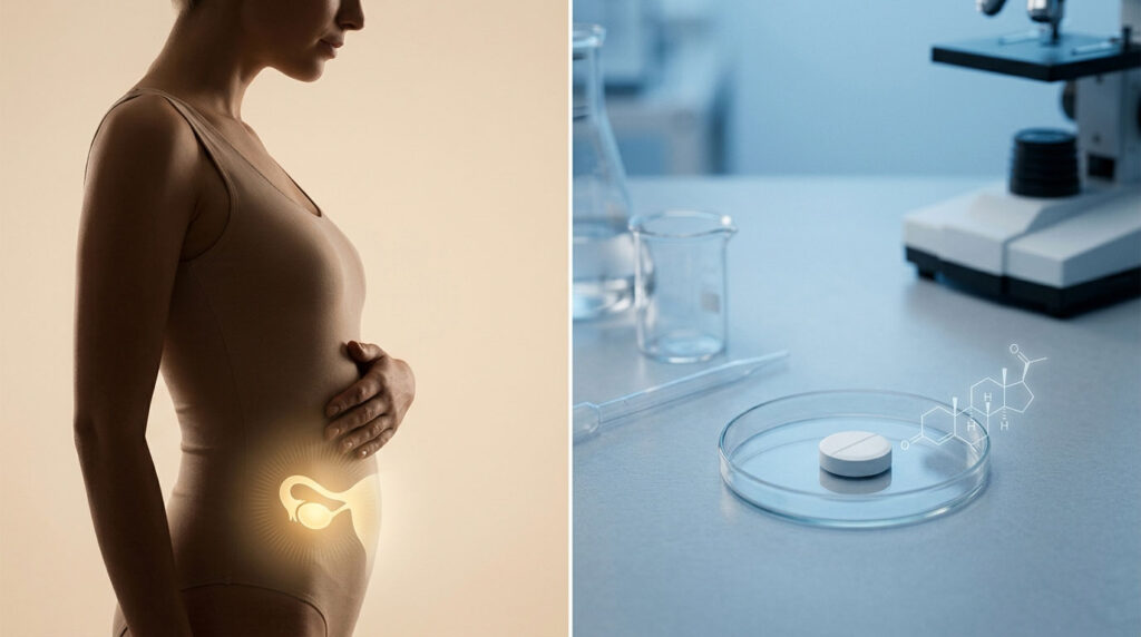 A woman in a beige bodysuit cradles her belly, symbolizing pregnancy, with a glowing embryo illustration.