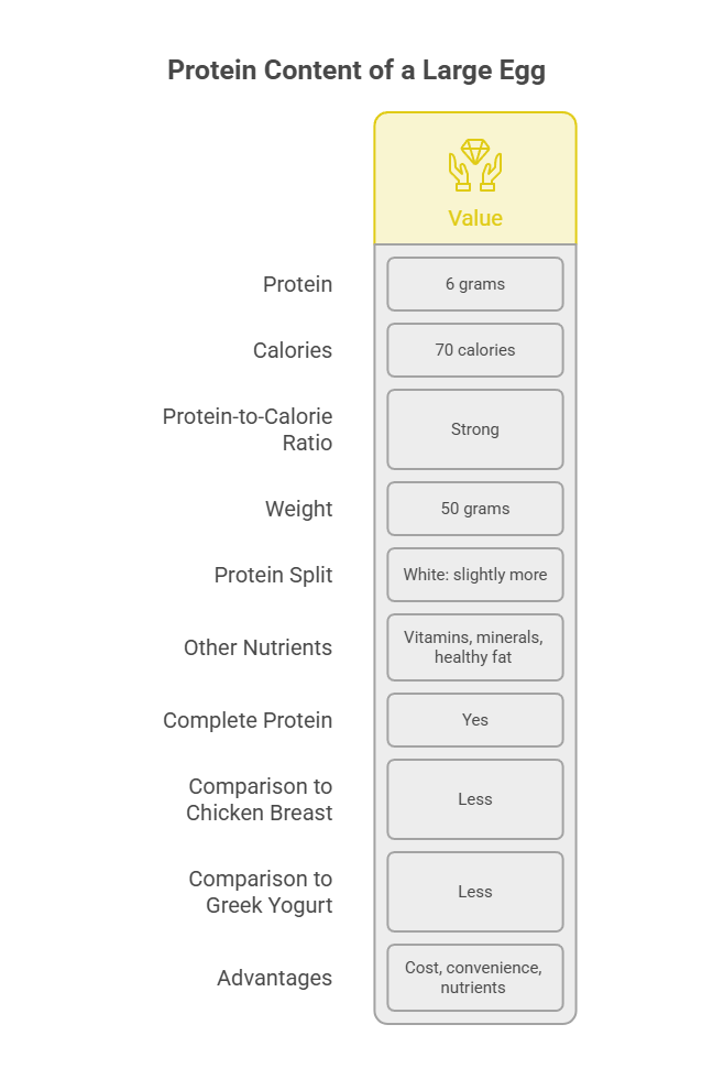 Infographic detailing protein content of a large egg with values for protein, calories, and comparisons to other foods.