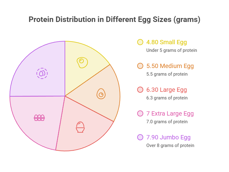 Pie chart showing protein distribution in different egg sizes with labeled sections and icons. Infographic.