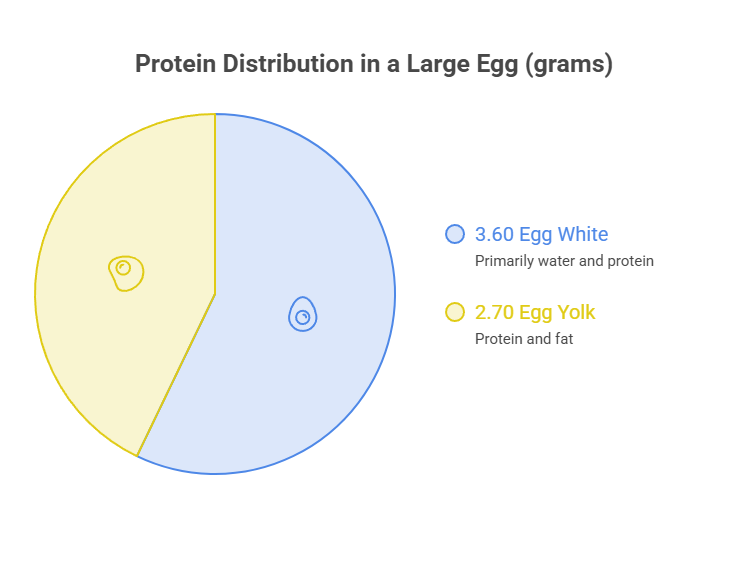 Pie chart showing protein distribution in a large egg, with 3.60g in egg white and 2.70g in egg yolk.