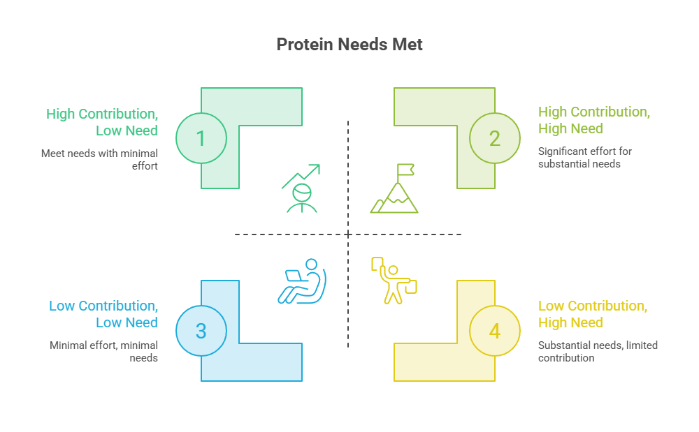 Infographic showing protein needs met with four quadrants labeled by contribution and need levels.