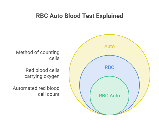 Venn diagram explaining RBC Auto blood test with labels for Auto, RBC, and RBC Auto, and methods of counting cells.