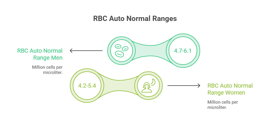 Infographic showing RBC auto normal ranges for men and women with cell counts in million per microliter.