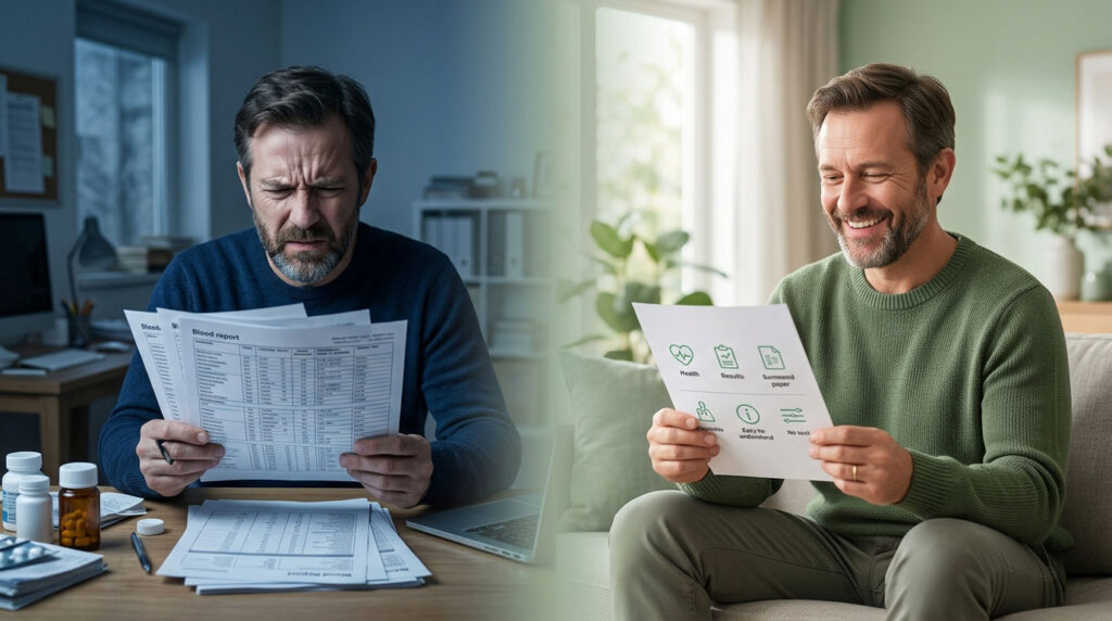 A man reviews blood reports with concern on the left, while another man smiles at health results on the right.