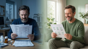 A man reviews blood reports with concern on the left, while another man smiles at health results on the right.