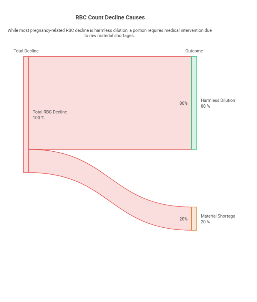 Infographic showing RBC count decline causes with 80% harmless dilution and 20% material shortage statistics.