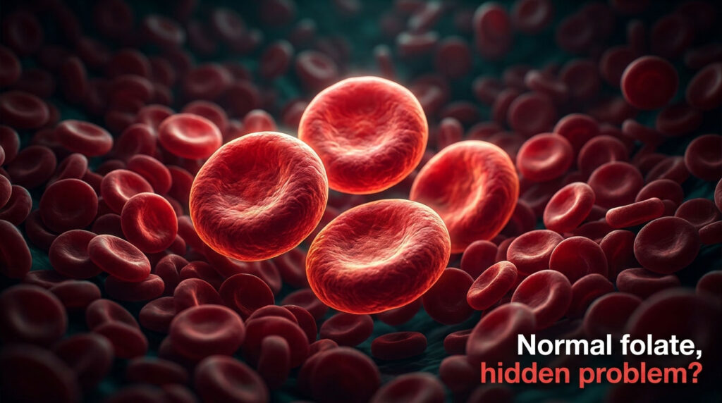 Close-up of red blood cells with a question about folate levels in the background.