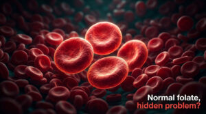 Close-up of red blood cells with a question about folate levels in the background.