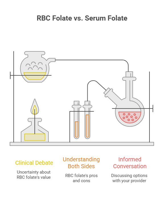 Infographic comparing RBC folate and serum folate with lab equipment illustrations and key points.