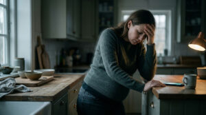 Pregnant woman with hand on forehead, looking stressed in a kitchen with bowls and a phone on the table.