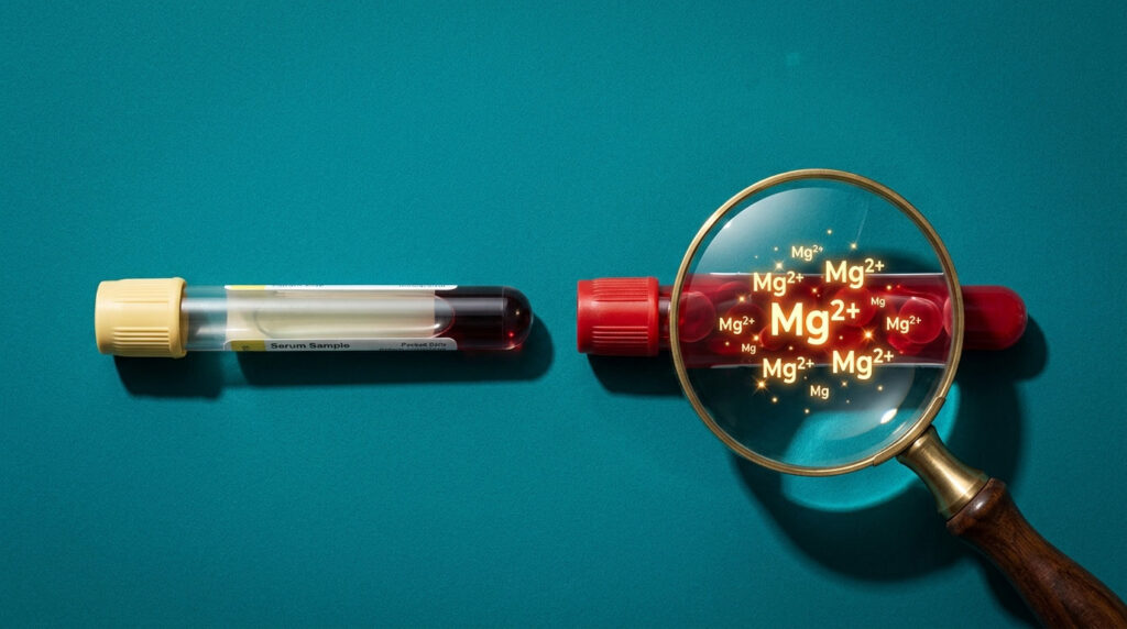 A serum sample tube and a magnifying glass highlighting magnesium symbols on a teal background.