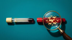 A serum sample tube and a magnifying glass highlighting magnesium symbols on a teal background.