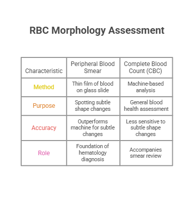 RBC Morphology Assessment infographic comparing Peripheral Blood Smear and Complete Blood Count (CBC) characteristics.