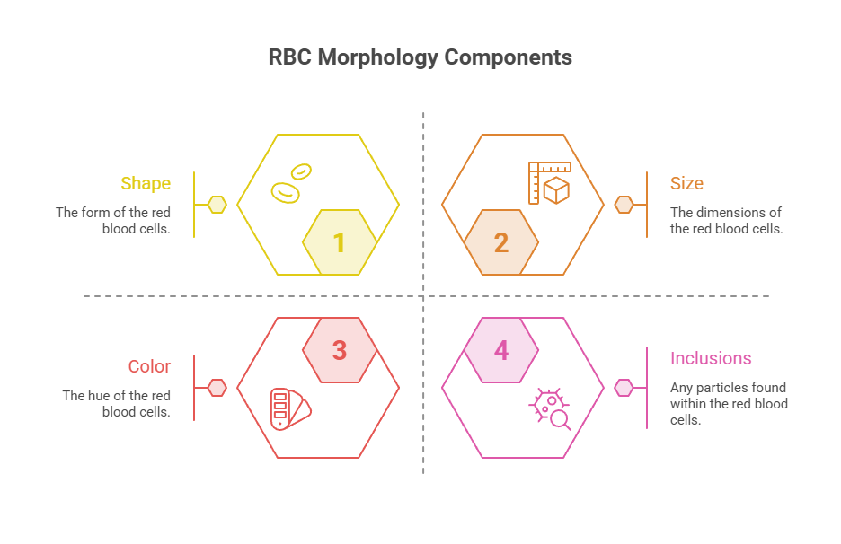 Infographic showing RBC morphology components: shape, size, color, and inclusions with icons and descriptions.