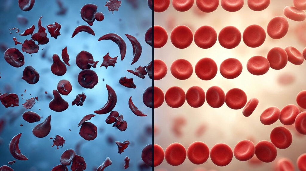 Red blood cells and fragments float in a split image with contrasting backgrounds.