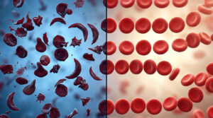 Red blood cells and fragments float in a split image with contrasting backgrounds.