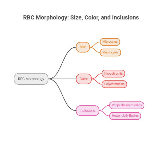 Mind map illustrating RBC morphology with size, color, and inclusions categories and their subtypes.