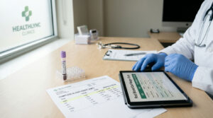 A doctor in blue gloves examines a blood test report and tablet in a clinic setting with a logo in the background.
