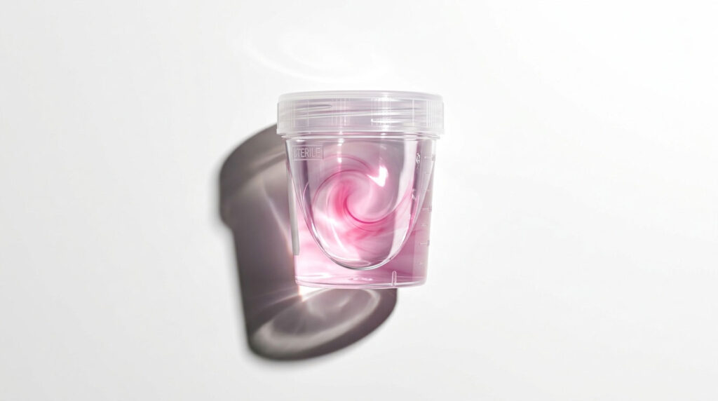 A clear plastic cup filled with pink liquid casts a shadow on a white background.