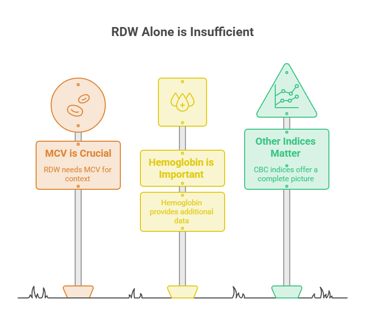 Infographic showing three signs about RDW, MCV, hemoglobin, and CBC indices with relevant text and icons.