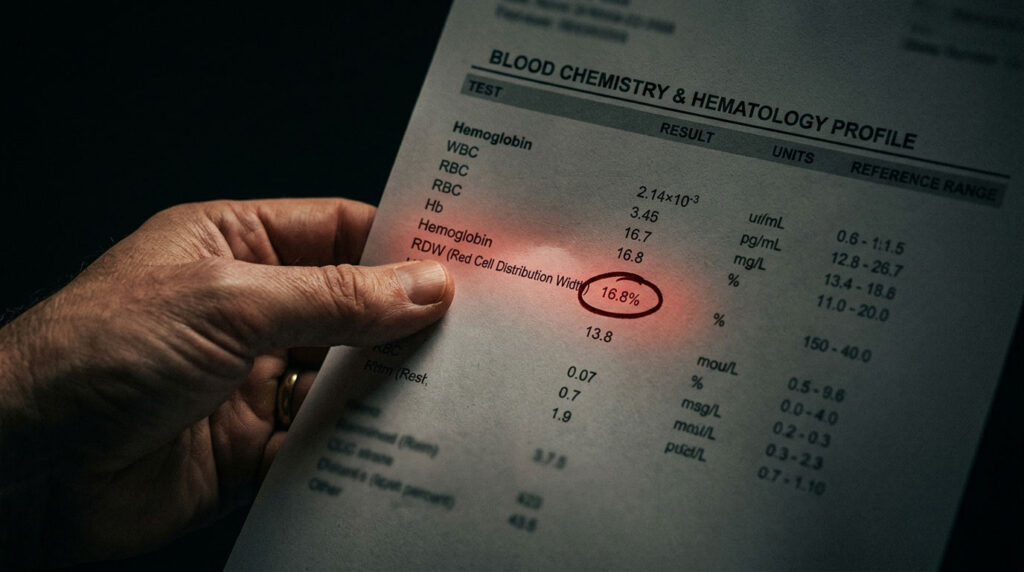A hand holds a blood chemistry report highlighting RDW at 16.8% with dark background and soft lighting.