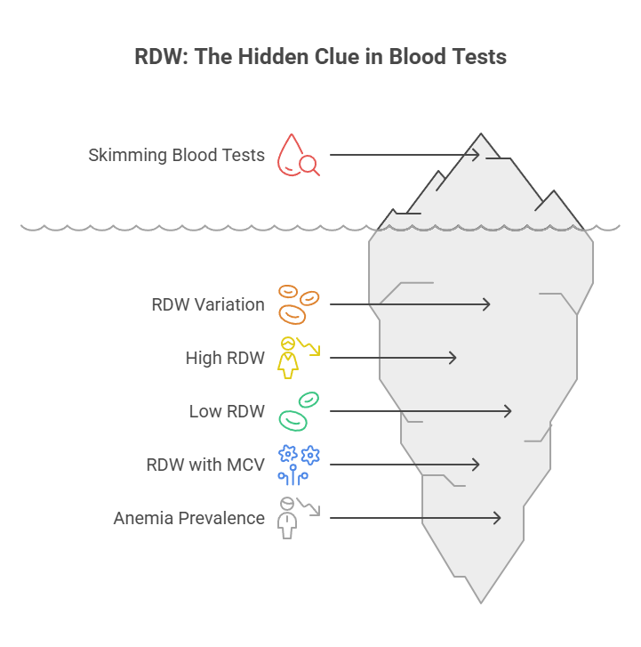 Infographic showing RDW variations in blood tests with icons for high, low RDW, and anemia prevalence.