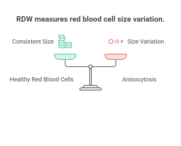 Infographic explaining RDW and red blood cell size variation with icons and labels for healthy cells and anisocytosis.