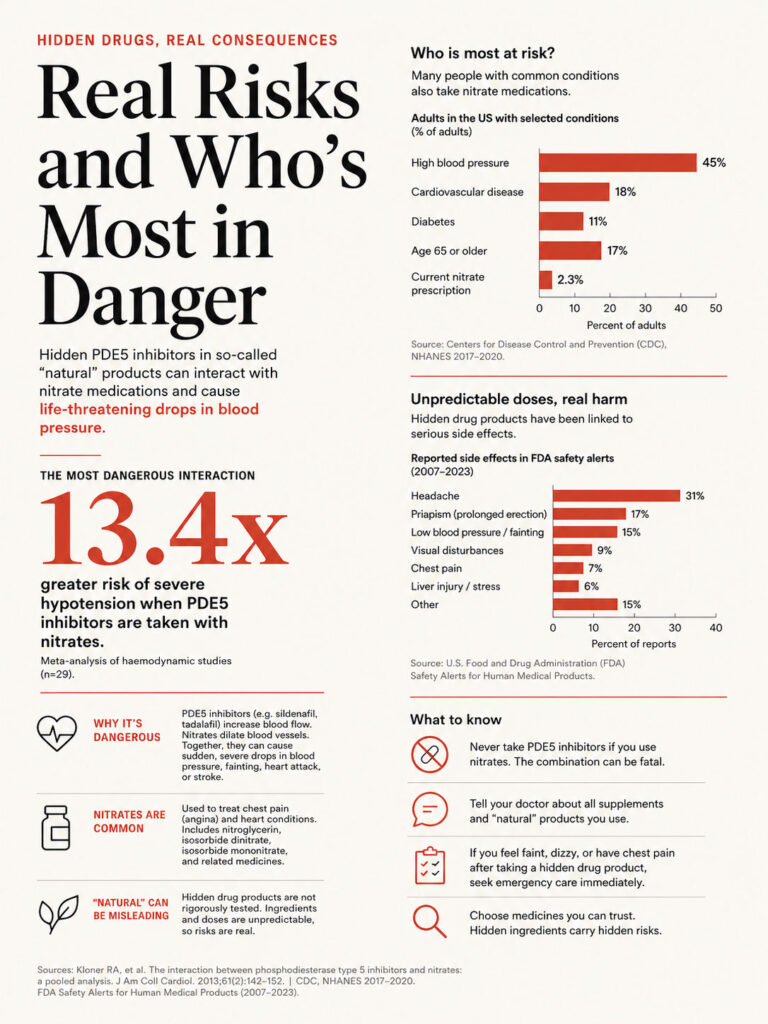 Infographic showing risks of PDE5 inhibitors with nitrate medications, including statistics and warnings.