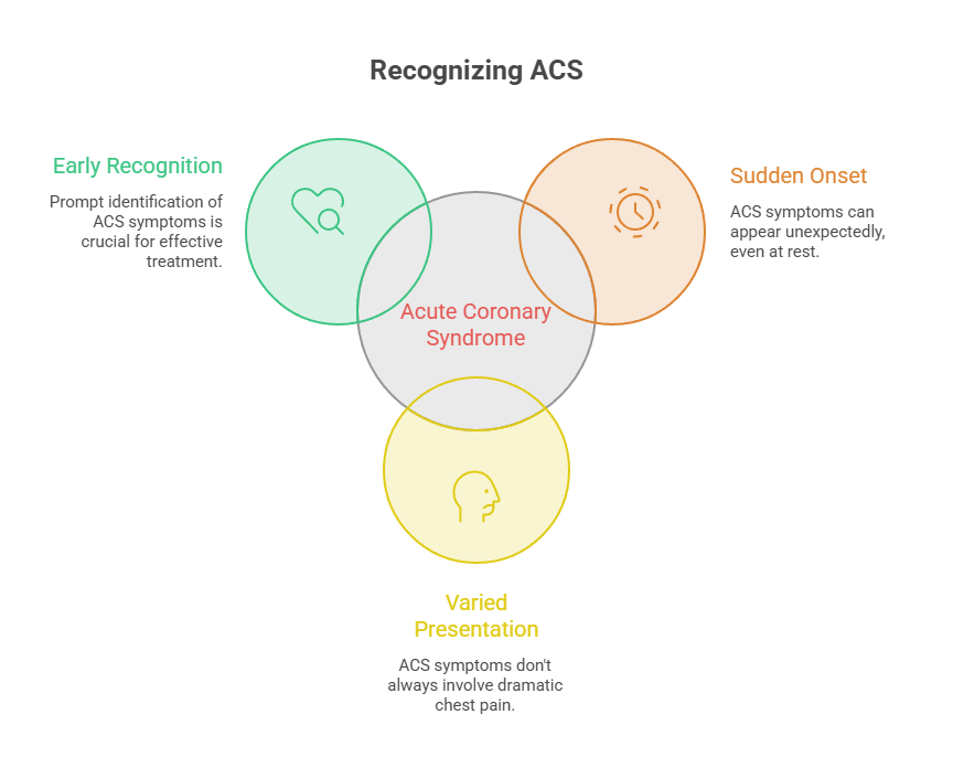Infographic illustrating Acute Coronary Syndrome with three overlapping circles labeled Early Recognition, Sudden Onset, and Varied Presentation.