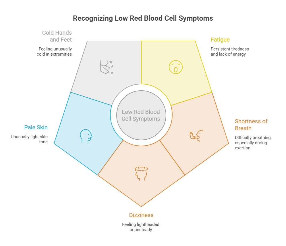 Infographic showing symptoms of low red blood cells: fatigue, shortness of breath, dizziness, pale skin, cold hands and feet.