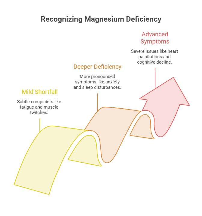 Infographic showing magnesium deficiency stages: Mild Shortfall, Deeper Deficiency, and Advanced Symptoms with descriptions.