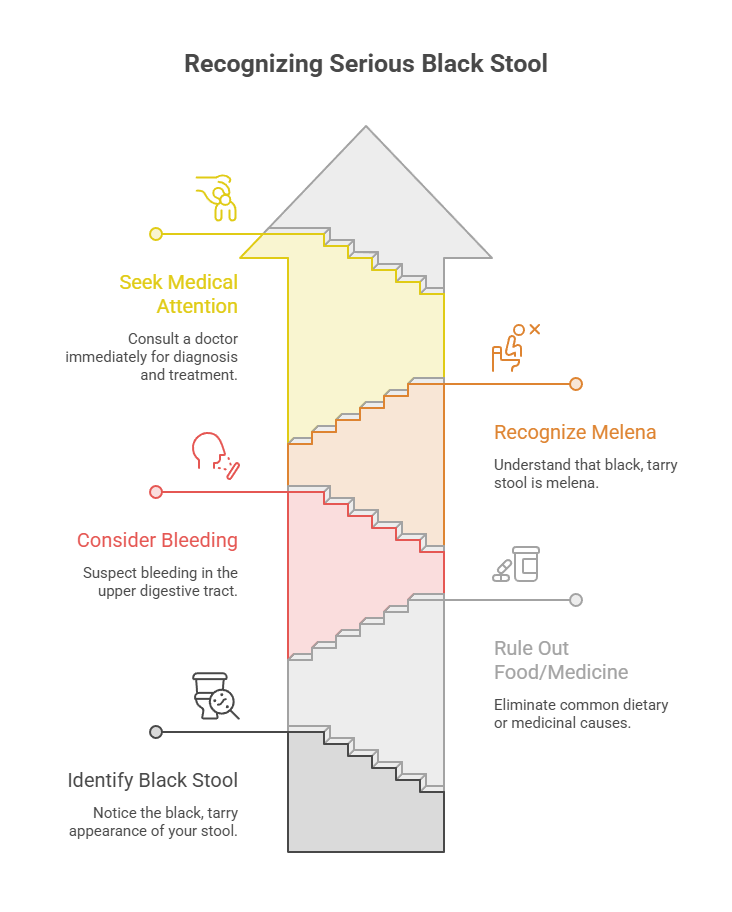 Infographic showing steps to recognize serious black stool, including medical advice and symptoms.